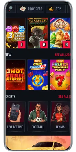 Mafia Casino mobile lobby with slot games and sports betting sections