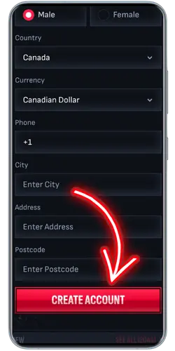 Mafia Casino registration form with Canadian Dollar currency and Create Account button