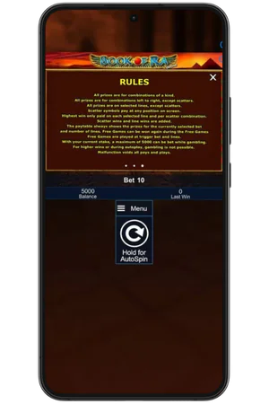 Écran des règles et informations du jeu Book of Ra